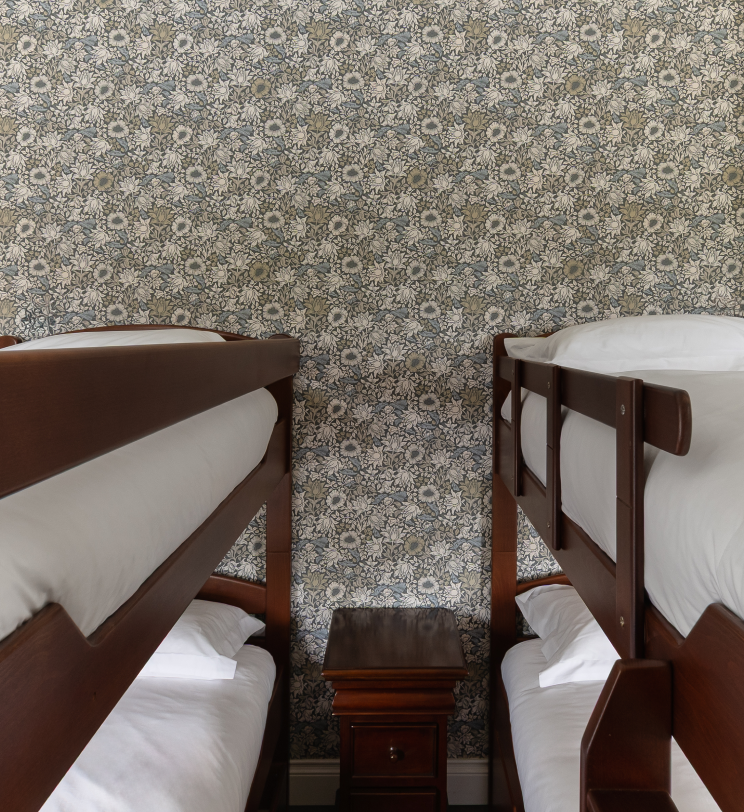 Close up of two bunk beds with a patterned wall.